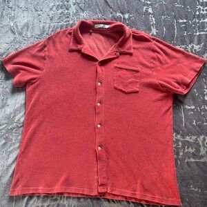 Criquet Men’s Terry Cloth Button Front Polo Shirt XL Coral Red Pocket Casual